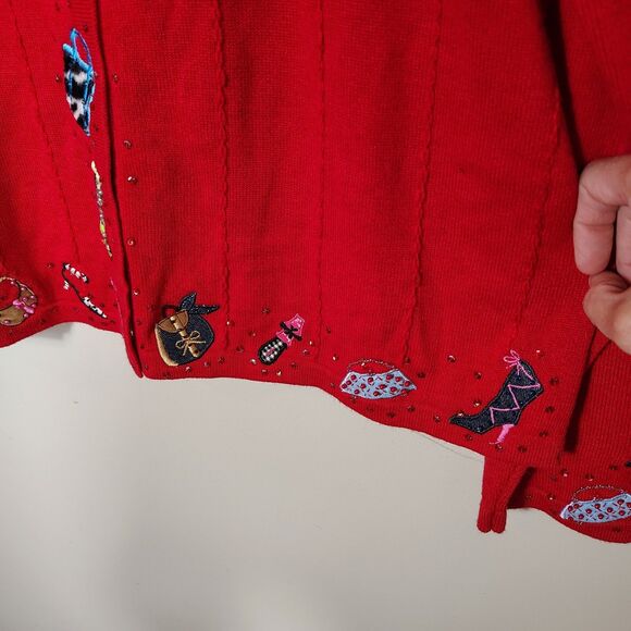 Vtg Berek 2 Sweater Cardigan Red Embellished Purse Shoes Sequins Artsy Size XL - Picture 5 of 13